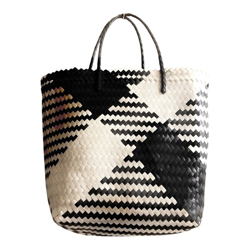 Black and White Woven Double Handle Tote Bag